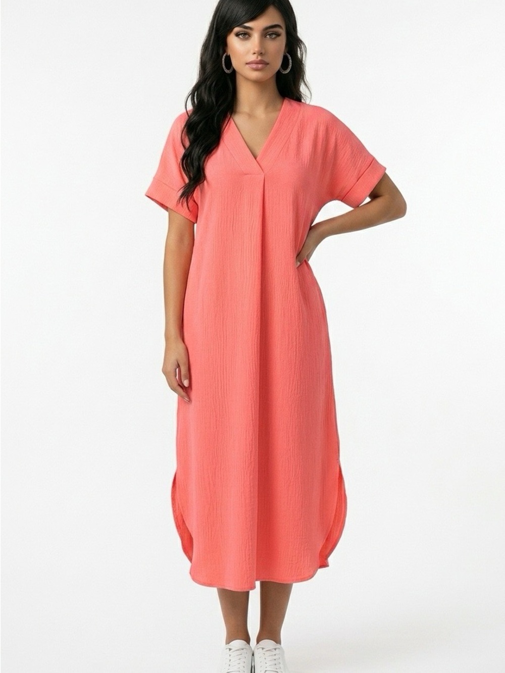 V-Neck Coral Swim Cover-Up Maxi Dress